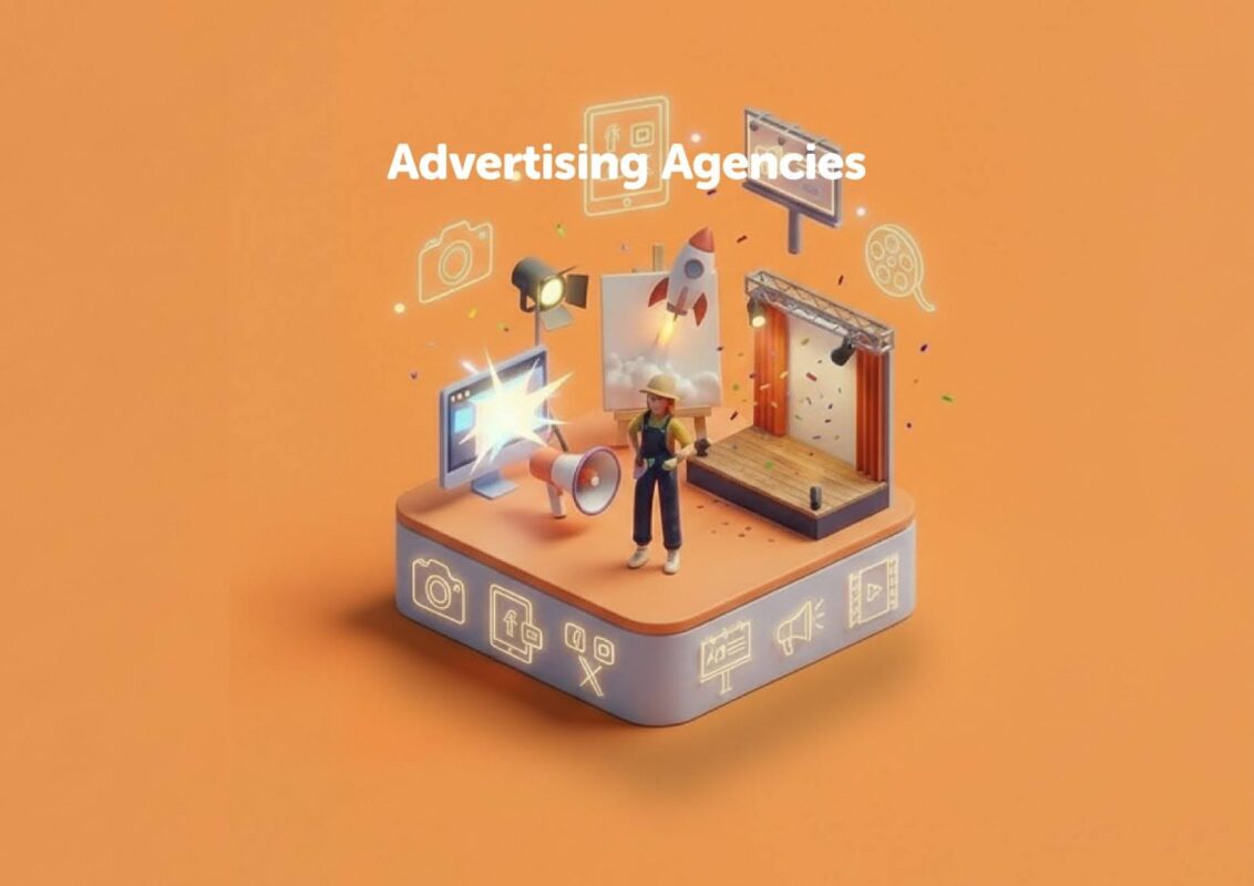 Advertising agency role personified by a hard hat-wearing creative woman on a platform with a megaphone, canvas, performing stage, and content creation tools