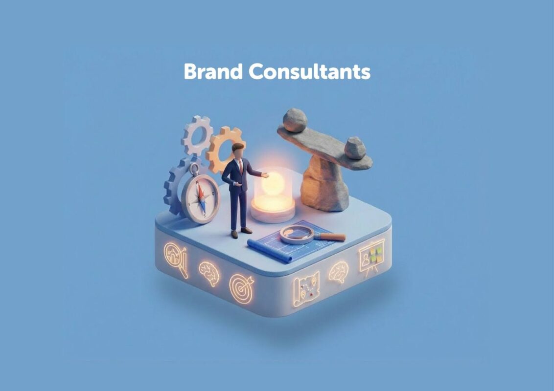 Branding consultant role personified by a man on a platform with a magnifying glass, a blue print, a balanced stone formation, and a core memory representing an idea, against a blue background.