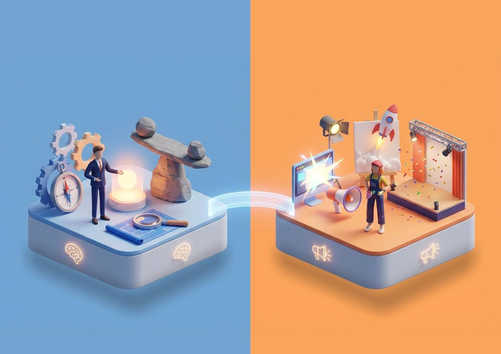 Branding consultant tasks and responsibilities vs. an advertising agency tasks and responsibilities, represented by opposing abstract-of-thought imagery in blue and orange backgrounds