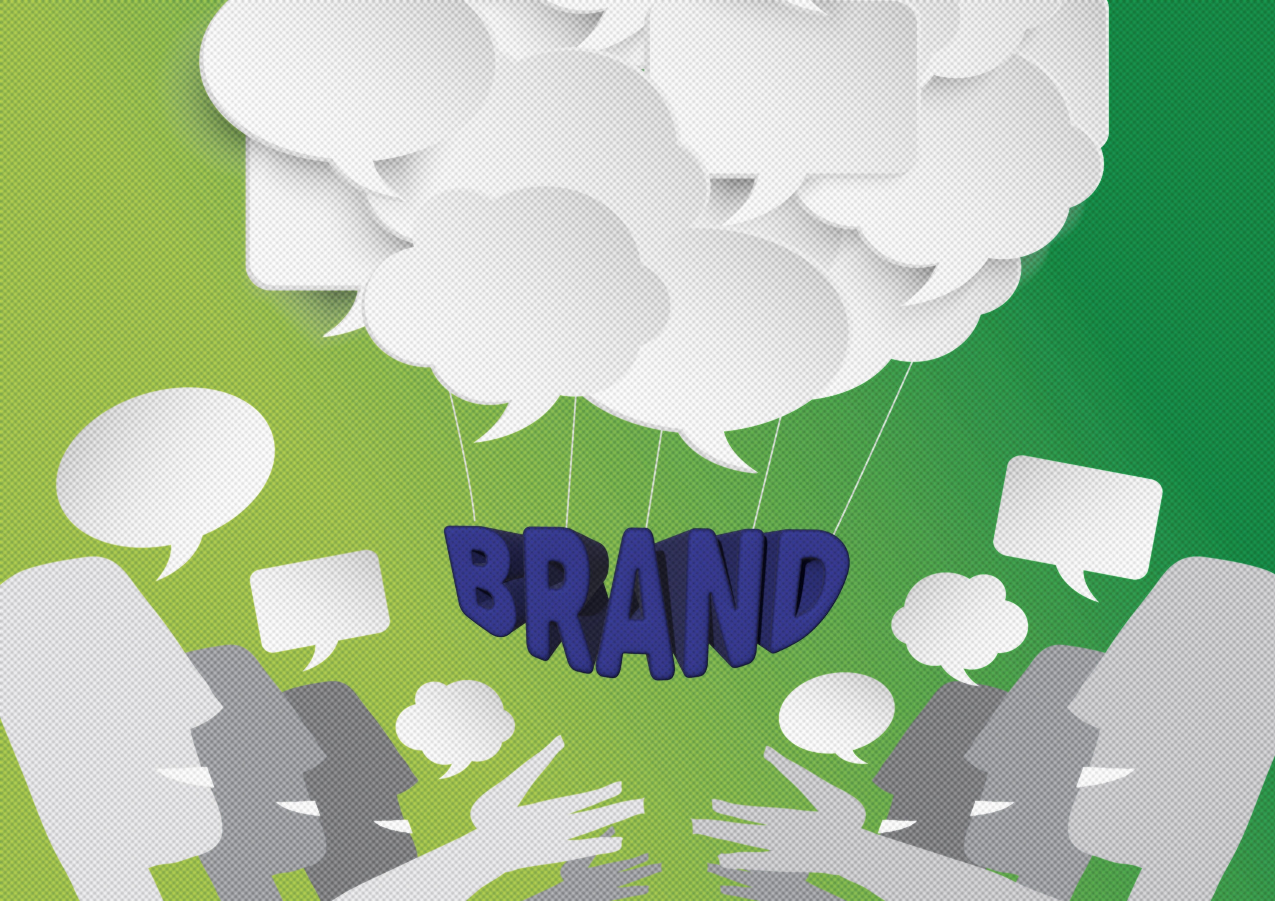 Illustration of silhouetted people talking, with speech bubbles overhead connected to the word "BRAND," symbolizing brand experience design discussions or reputation. Green gradient background.