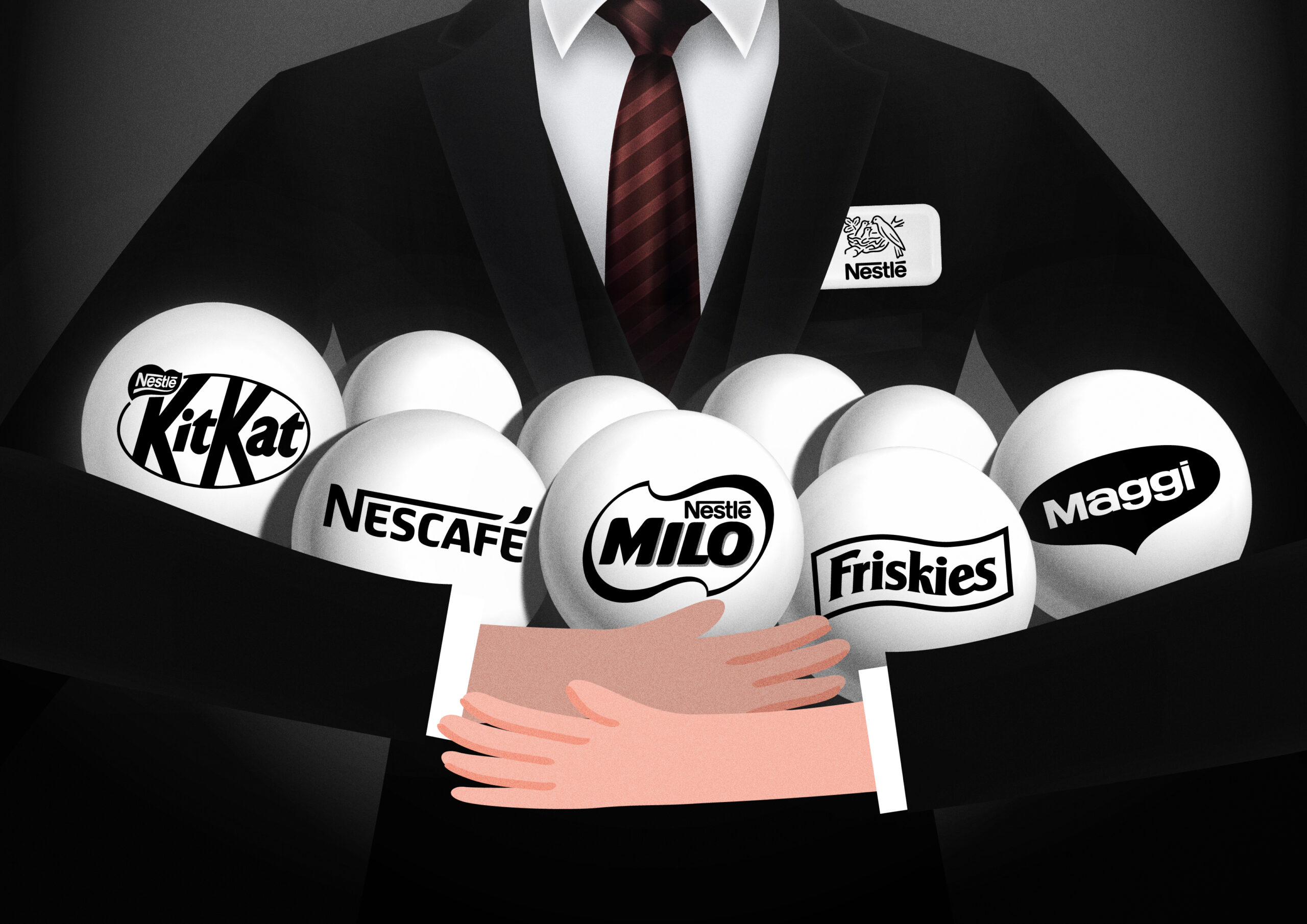 A person in a suit holds eggs labeled with Nestlé brands including KitKat, Nescafé, Milo, Friskies, and Maggi, symbolizing brand ownership and a thoughtful brand architecture strategy.