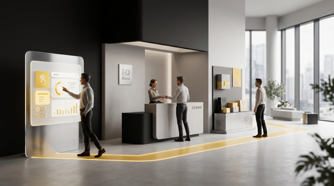 A customer moves through a seamless branded journey across digital, service, and physical touchpoints in a refined conceptual scene with clean geometry and subtle golden-yellow accents
