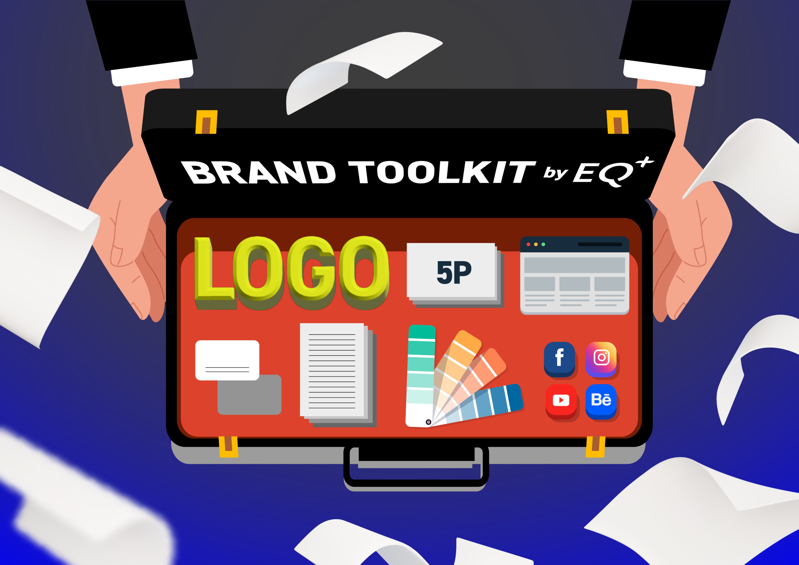 An abstract, modern brand-system illustration showing a sleek toolkit-like structure opening into organised brand components such as colour chips, layout modules, icon shapes, and identity assets, arranged in a clean grid with dark charcoal, white, green, and blue accents