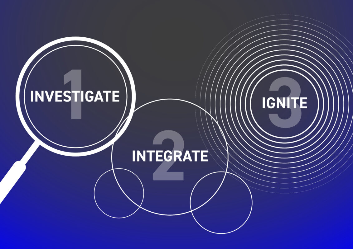 A contemporary editorial illustration showing a brand core moving through three connected abstract stages that suggest discovery, system-building, and activation, using a dark premium palette with white forms, soft glow, and restrained green-blue highlights.